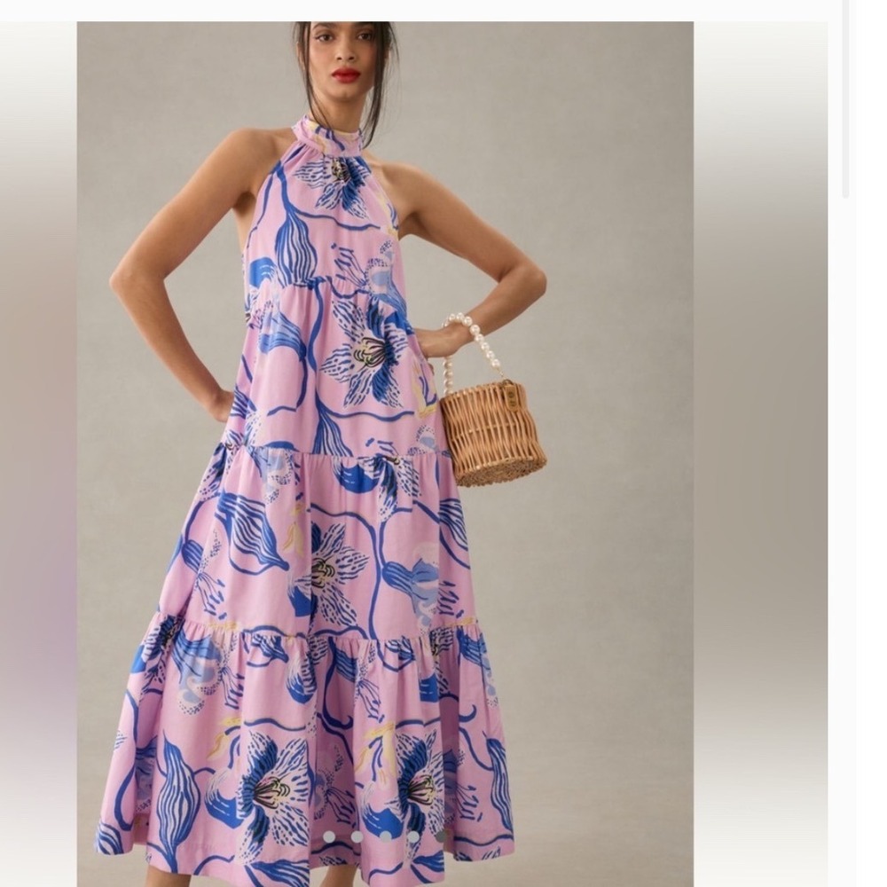 Anthropologie Sarah Gordon for Maeve Pink Blue Floral Halter Maxi Dress Size 8 - Picture 1 of 14